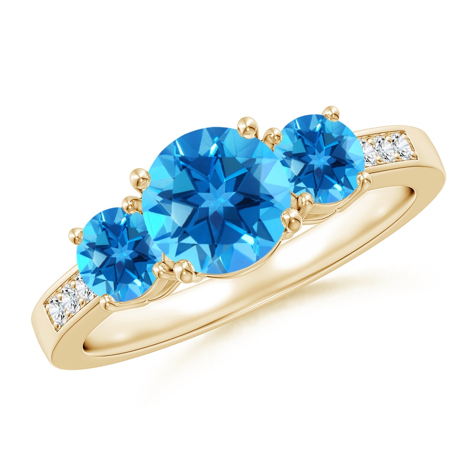 7mm AAAA Three Stone Round Swiss Blue Topaz Ring with Diamond Accents in Yellow Gold 