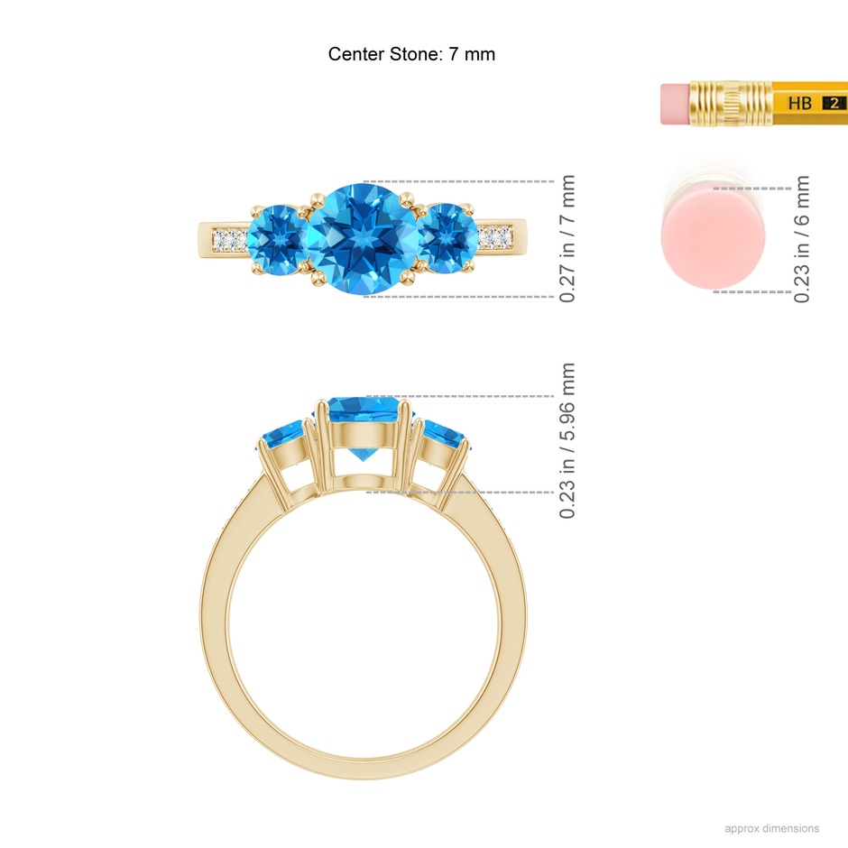 7mm AAAA Three Stone Round Swiss Blue Topaz Ring with Diamond Accents in Yellow Gold ruler