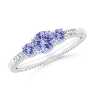 5mm AA Three Stone Round Tanzanite Ring with Diamond Accents in White Gold