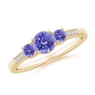 5mm AAA Three Stone Round Tanzanite Ring with Diamond Accents in 9K Yellow Gold