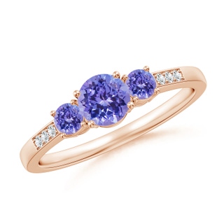 5mm AAA Three Stone Round Tanzanite Ring with Diamond Accents in Rose Gold