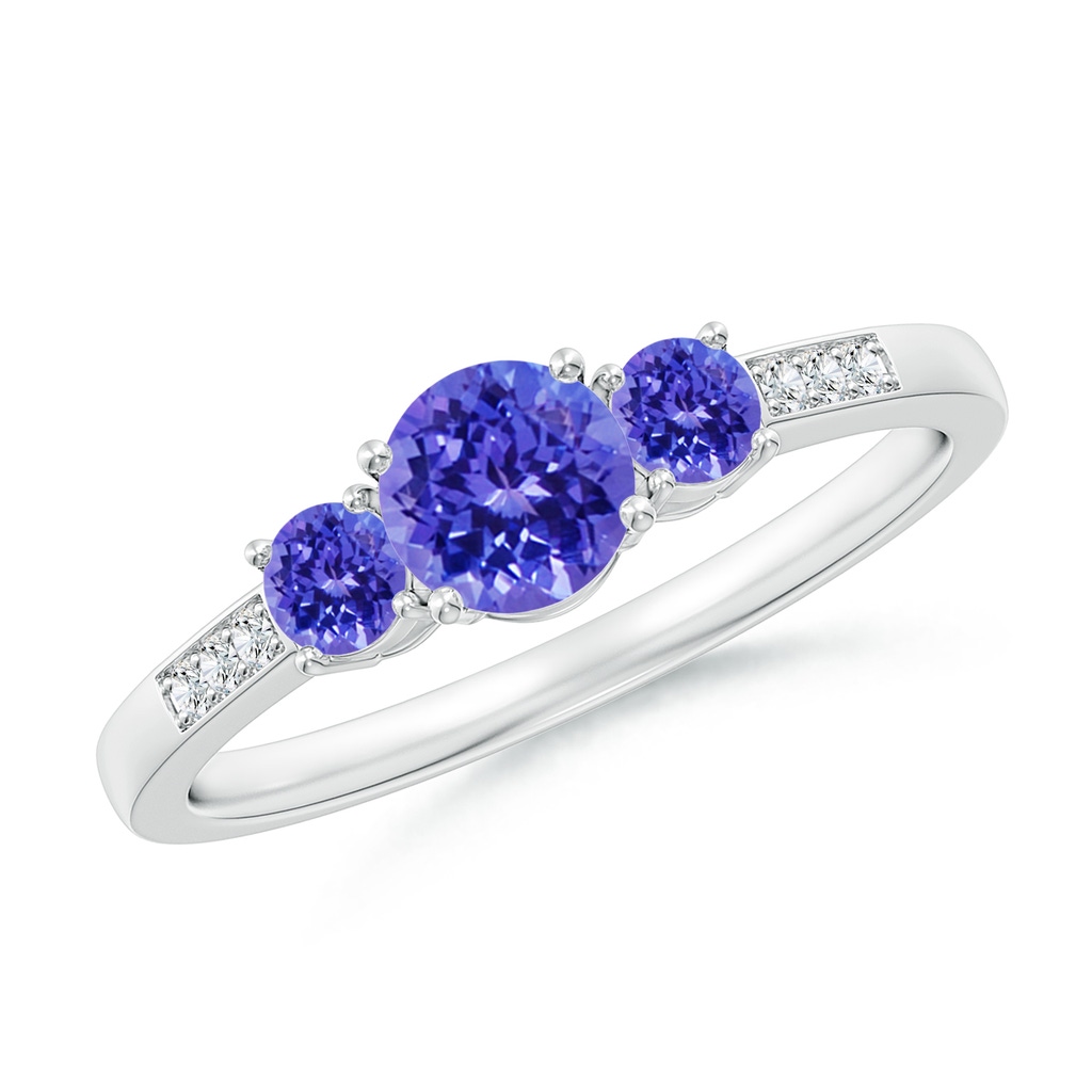 5mm AAAA Three Stone Round Tanzanite Ring with Diamond Accents in P950 Platinum