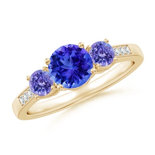 6mm AAA Three Stone Round Tanzanite Ring with Diamond Accents in Yellow Gold