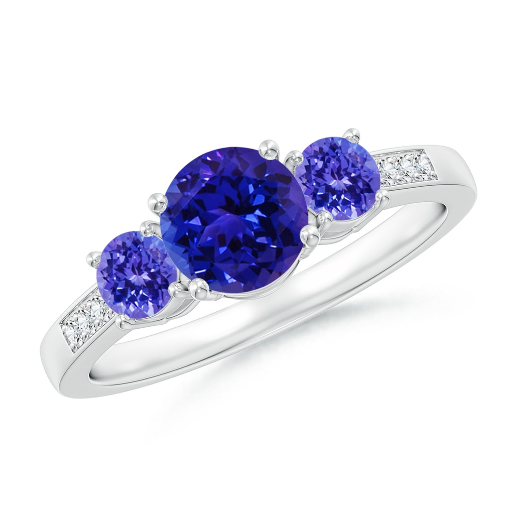 6mm AAAA Three Stone Round Tanzanite Ring with Diamond Accents in White Gold