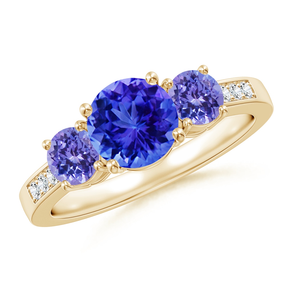 7mm AAA Three Stone Round Tanzanite Ring with Diamond Accents in Yellow Gold