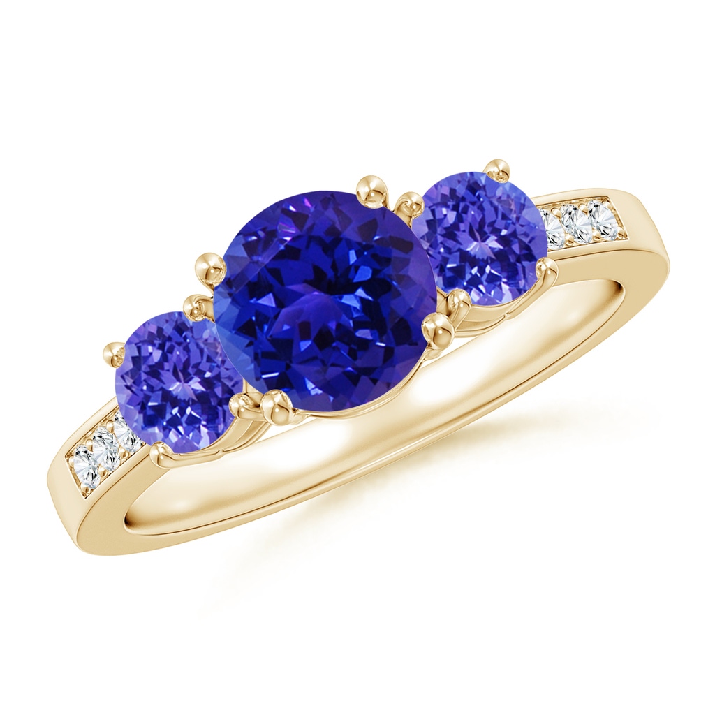 7mm AAAA Three Stone Round Tanzanite Ring with Diamond Accents in Yellow Gold