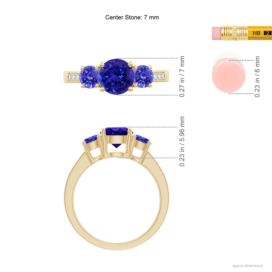 7mm AAAA Three Stone Round Tanzanite Ring with Diamond Accents in Yellow Gold ruler