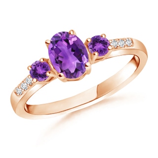 7x5mm AAA Oval Amethyst Three Stone Ring with Diamond Accents in Rose Gold