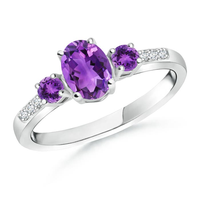Oval Amethyst Three Stone Ring with Diamond Accents | Angara