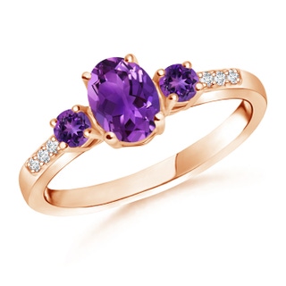 7x5mm AAAA Oval Amethyst Three Stone Ring with Diamond Accents in Rose Gold