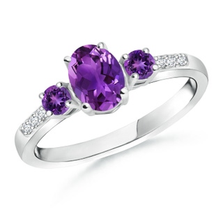 7x5mm AAAA Oval Amethyst Three Stone Ring with Diamond Accents in White Gold