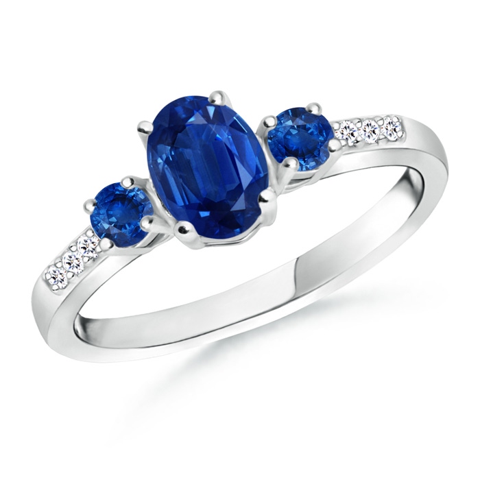 7x5mm AAA Oval Sapphire Three Stone Ring with Diamond Accents in White Gold 