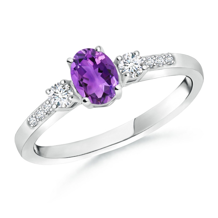 6x4mm AAA Classic Oval Amethyst and Round Diamond Three Stone Ring in White Gold