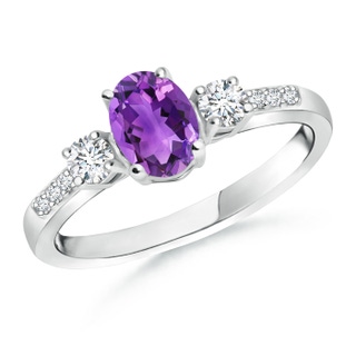 7x5mm AAA Classic Oval Amethyst and Round Diamond Three Stone Ring in White Gold