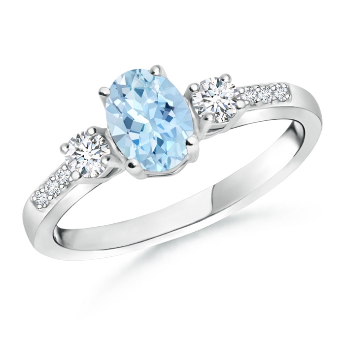 7x5mm AAA Classic Oval Aquamarine and Round Diamond Three Stone Ring in White Gold