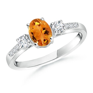 7x5mm AAA Classic Oval Citrine and Round Diamond Three Stone Ring in White Gold
