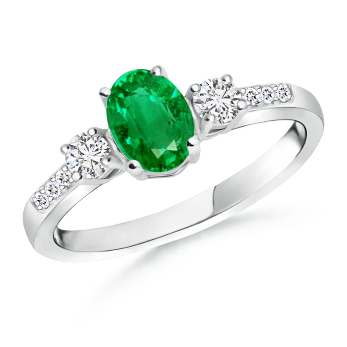 7x5mm AAA Classic Oval Emerald and Round Diamond Three Stone Ring in White Gold
