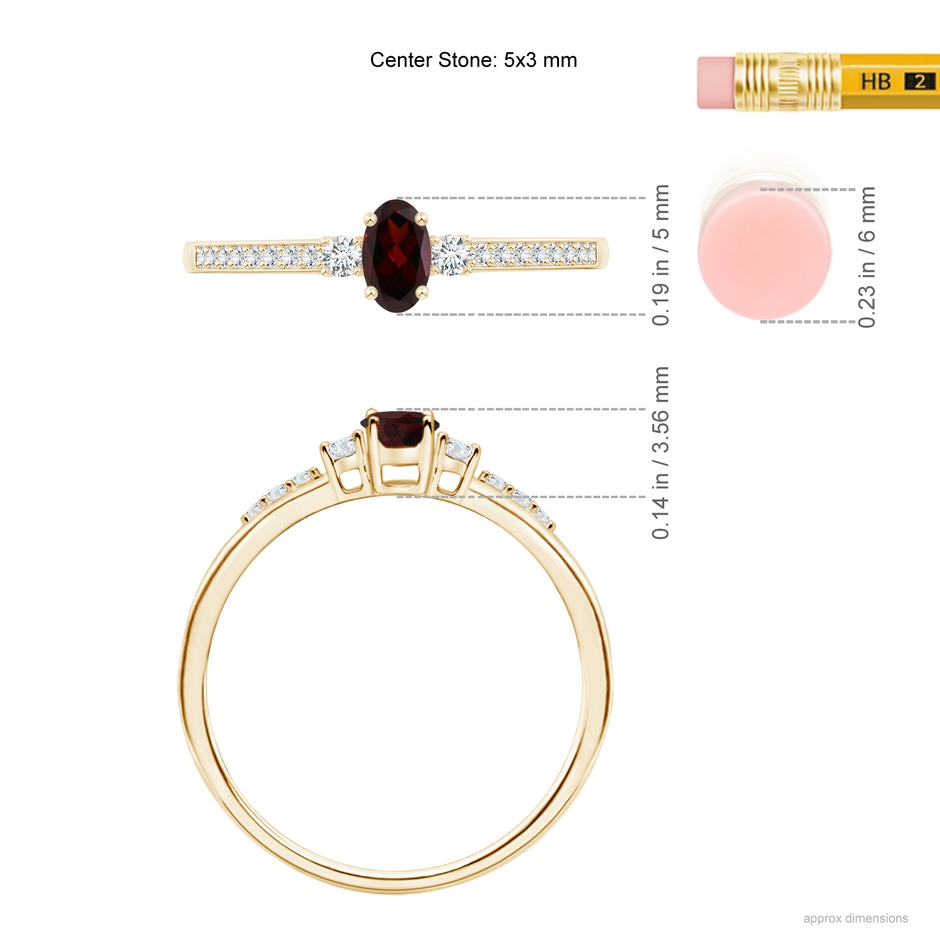 5x3mm A Classic Oval Garnet and Round Diamond Three Stone Ring in Yellow Gold ruler