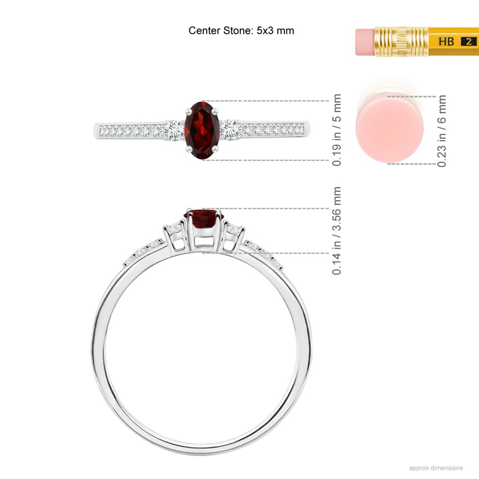 5x3mm AAA Classic Oval Garnet and Round Diamond Three Stone Ring in P950 Platinum ruler