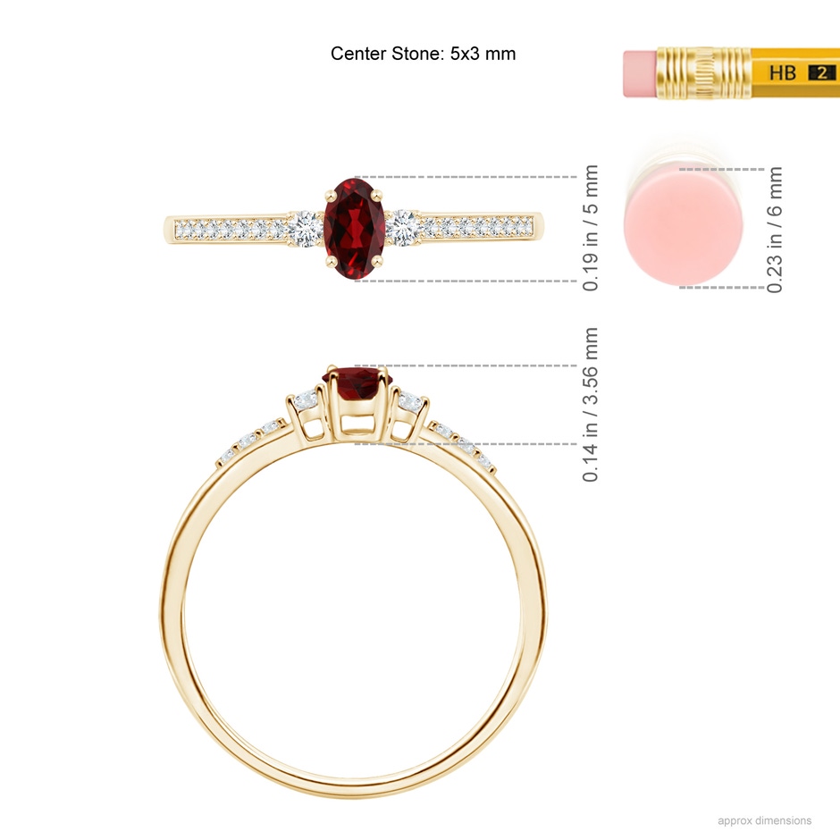 5x3mm AAAA Classic Oval Garnet and Round Diamond Three Stone Ring in Yellow Gold ruler