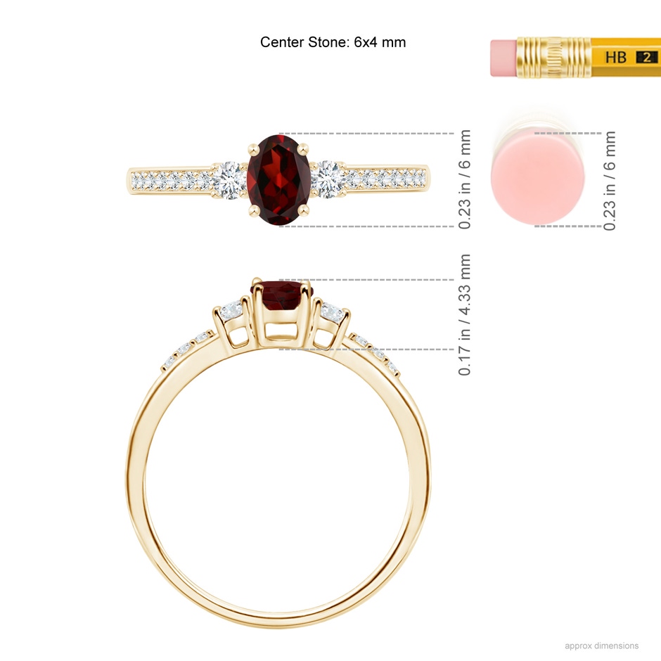 6x4mm AAA Classic Oval Garnet and Round Diamond Three Stone Ring in Yellow Gold product image