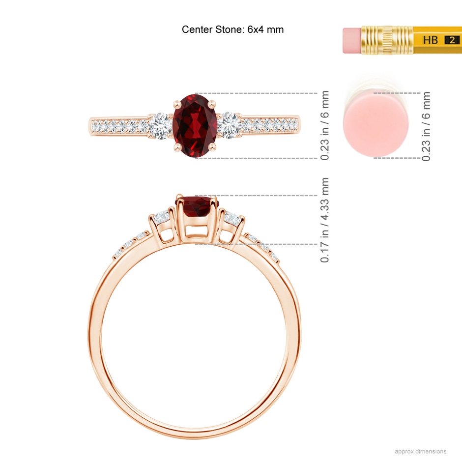6x4mm AAAA Classic Oval Garnet and Round Diamond Three Stone Ring in Rose Gold ruler