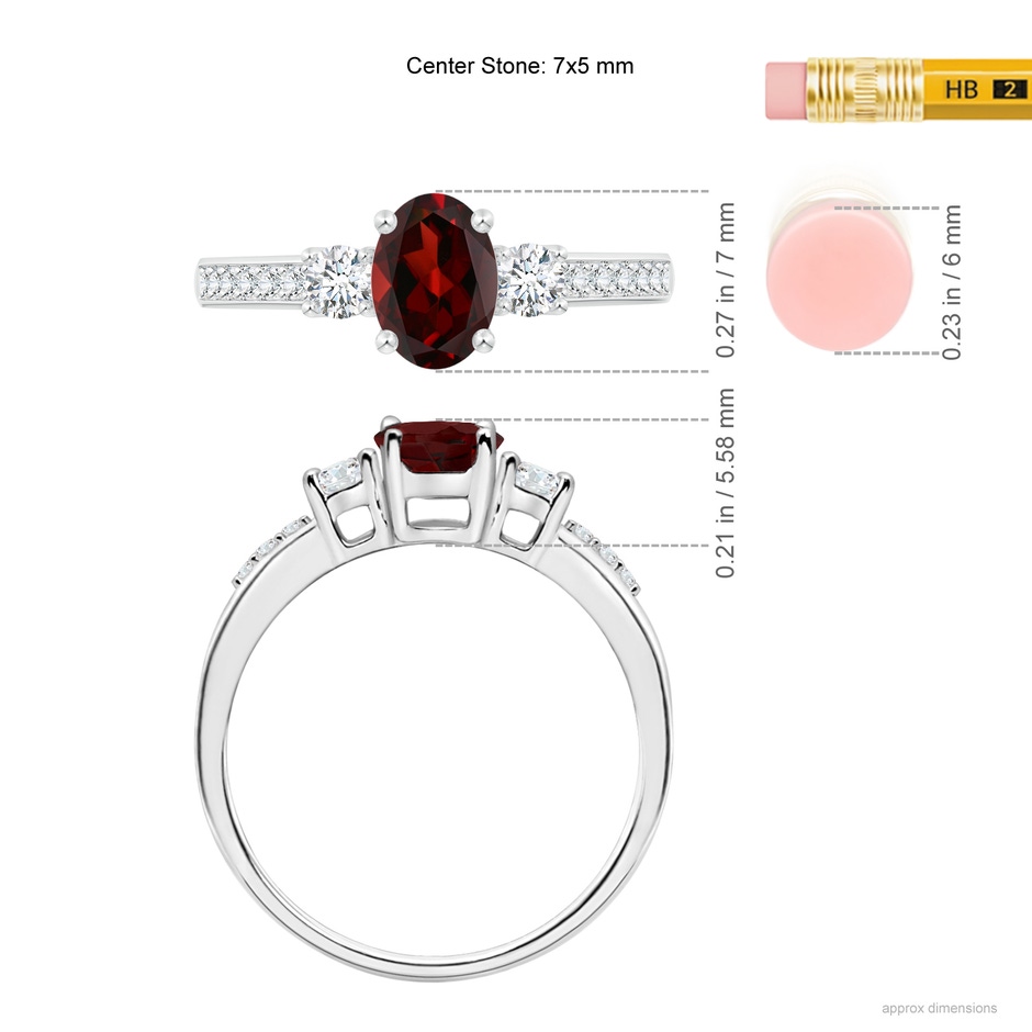 7x5mm AAA Classic Oval Garnet and Round Diamond Three Stone Ring in White Gold ruler