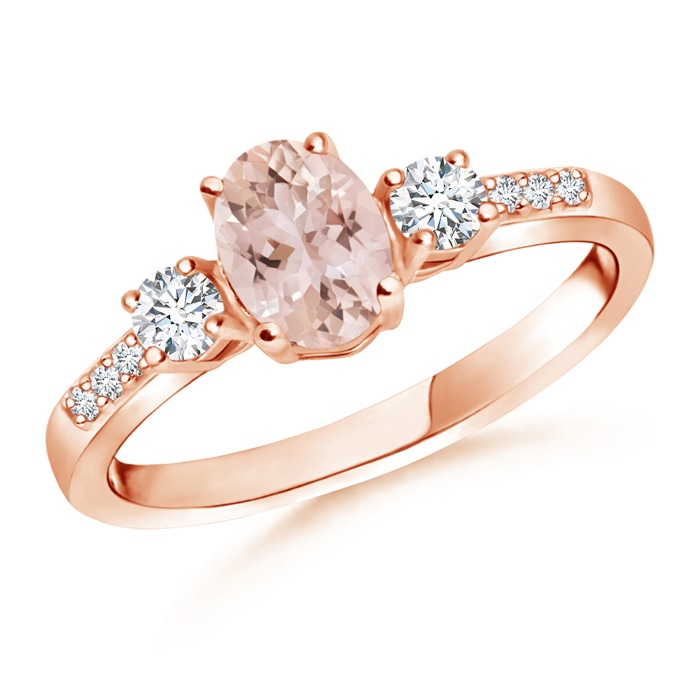 7x5mm AAA Classic Oval Morganite and Round Diamond Three Stone Ring in Rose Gold