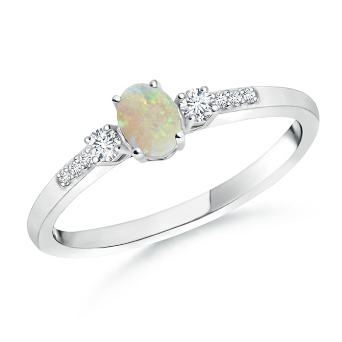 5x3mm AAA Classic Oval Opal and Round Diamond Three Stone Ring in White Gold