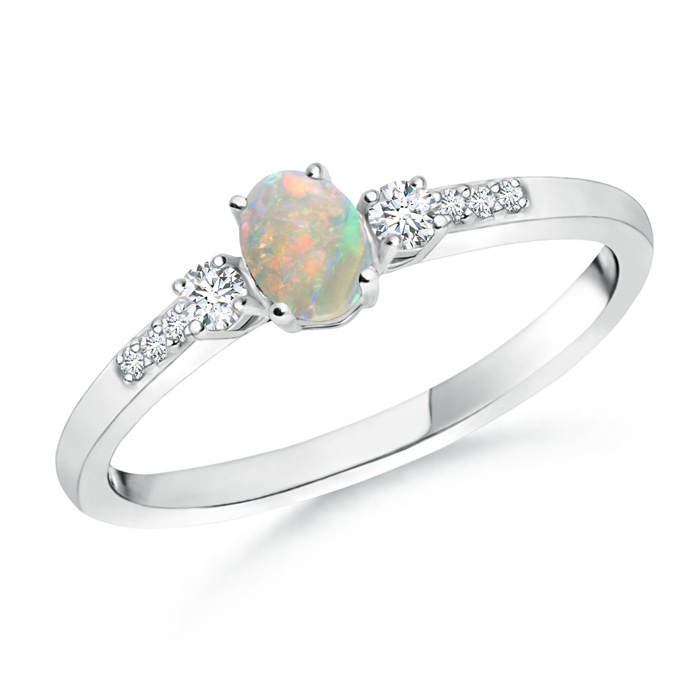5x3mm AAAA Classic Oval Opal and Round Diamond Three Stone Ring in P950 Platinum