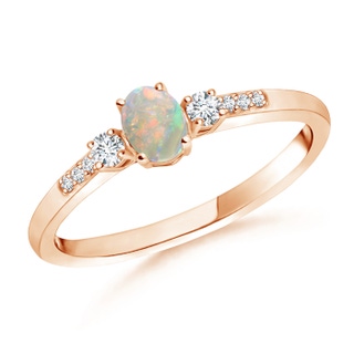 5x3mm AAAA Classic Oval Opal and Round Diamond Three Stone Ring in Rose Gold