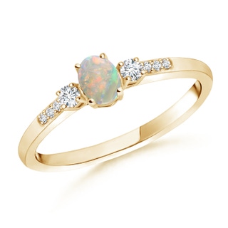 5x3mm AAAA Classic Oval Opal and Round Diamond Three Stone Ring in Yellow Gold