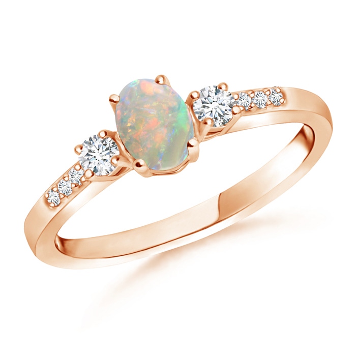 6x4mm AAAA Classic Oval Opal and Round Diamond Three Stone Ring in Rose Gold 