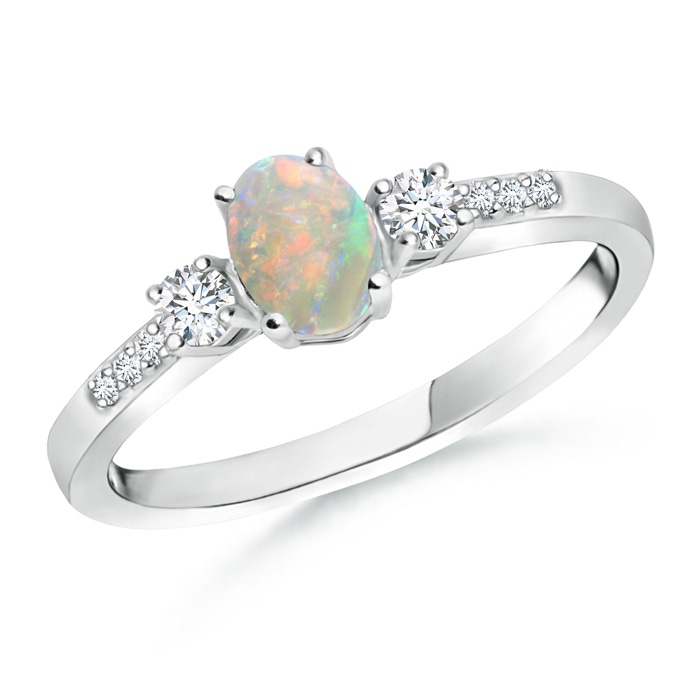 6x4mm AAAA Classic Oval Opal and Round Diamond Three Stone Ring in White Gold 