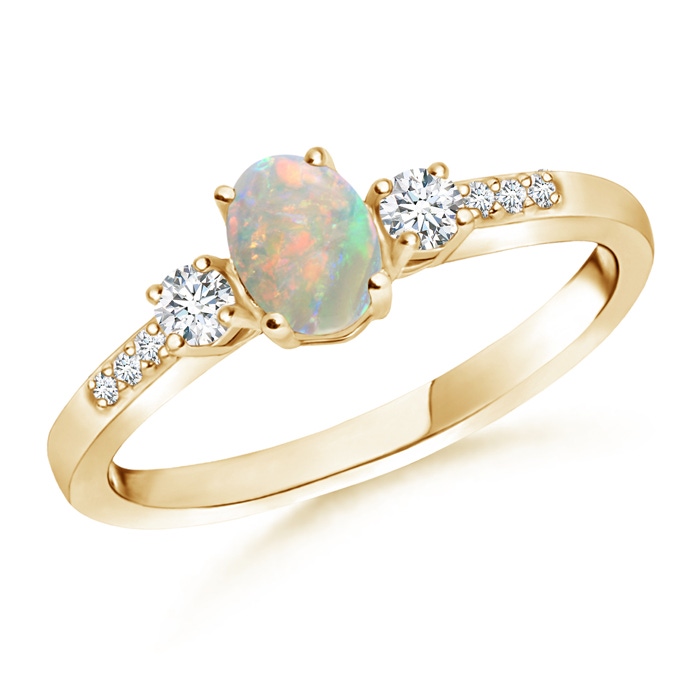 6x4mm AAAA Classic Oval Opal and Round Diamond Three Stone Ring in Yellow Gold 