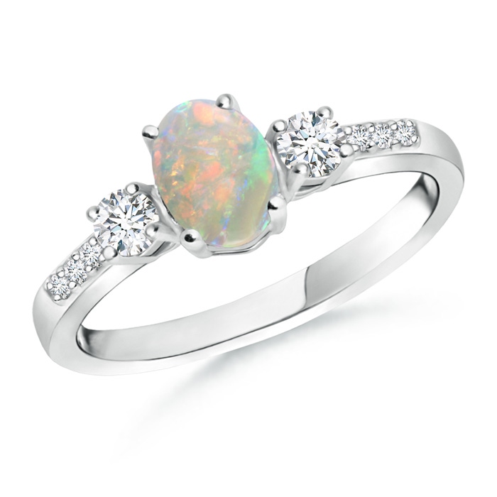7x5mm AAAA Classic Oval Opal and Round Diamond Three Stone Ring in P950 Platinum 