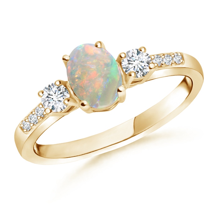 7x5mm AAAA Classic Oval Opal and Round Diamond Three Stone Ring in Yellow Gold 