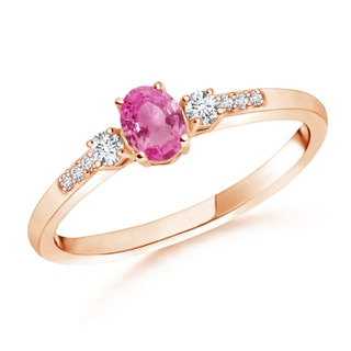 5x3mm AAA Classic Oval Pink Sapphire and Round Diamond Three Stone Ring in Rose Gold