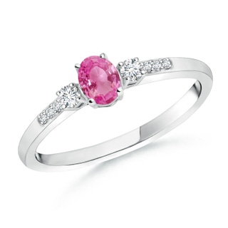 5x3mm AAA Classic Oval Pink Sapphire and Round Diamond Three Stone Ring in White Gold