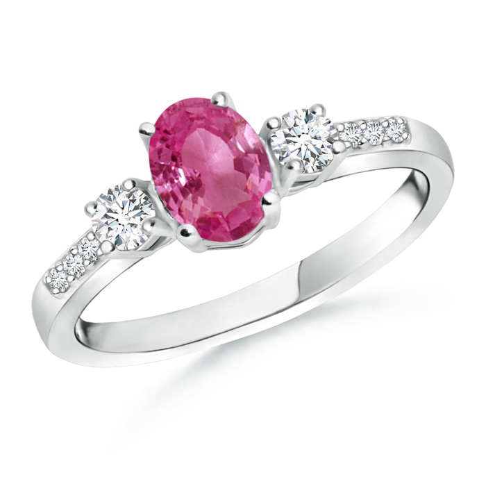 7x5mm AAAA Classic Oval Pink Sapphire and Round Diamond Three Stone Ring in White Gold