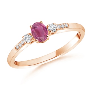 5x3mm AAA Classic Oval Pink Tourmaline and Diamond Three Stone Ring in Rose Gold