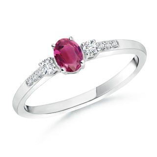 5x3mm AAAA Classic Oval Pink Tourmaline and Diamond Three Stone Ring in White Gold