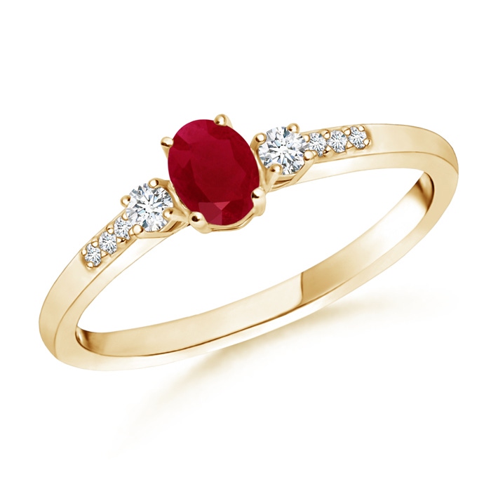 5x3mm AA Classic Oval Ruby and Round Diamond Three Stone Ring in Yellow Gold 