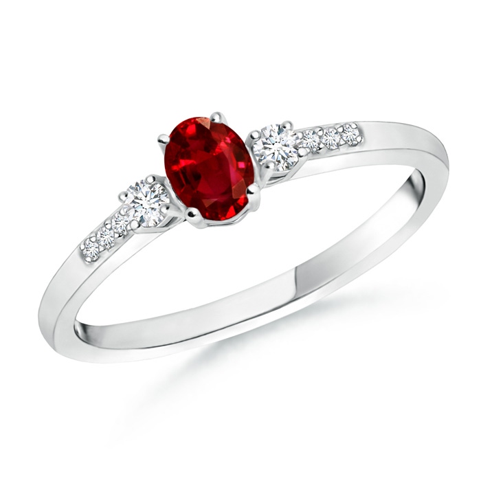 5x3mm AAAA Classic Oval Ruby and Round Diamond Three Stone Ring in P950 Platinum