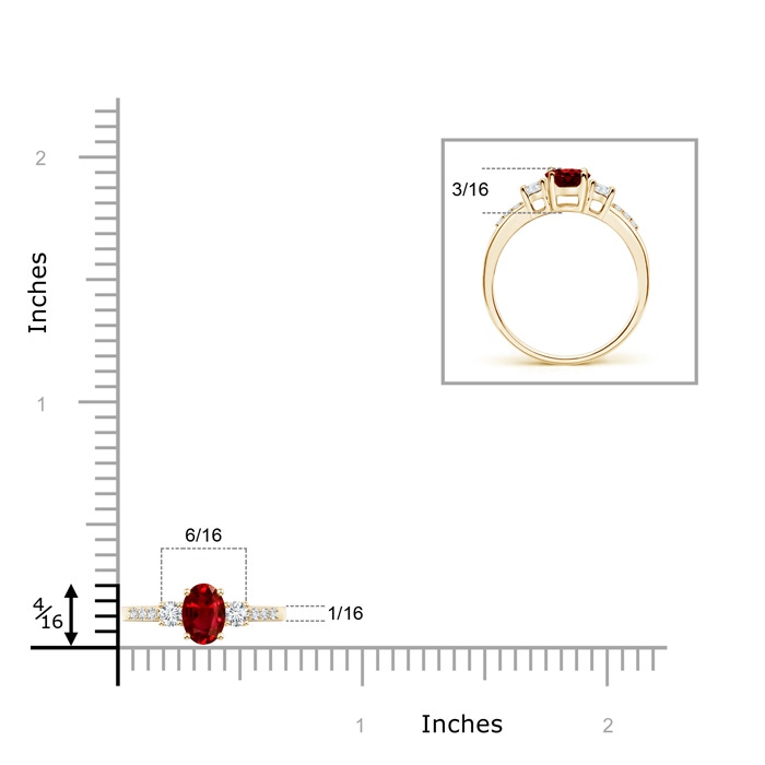6x4mm AAAA Classic Oval Ruby and Round Diamond Three Stone Ring in Yellow Gold Product Image