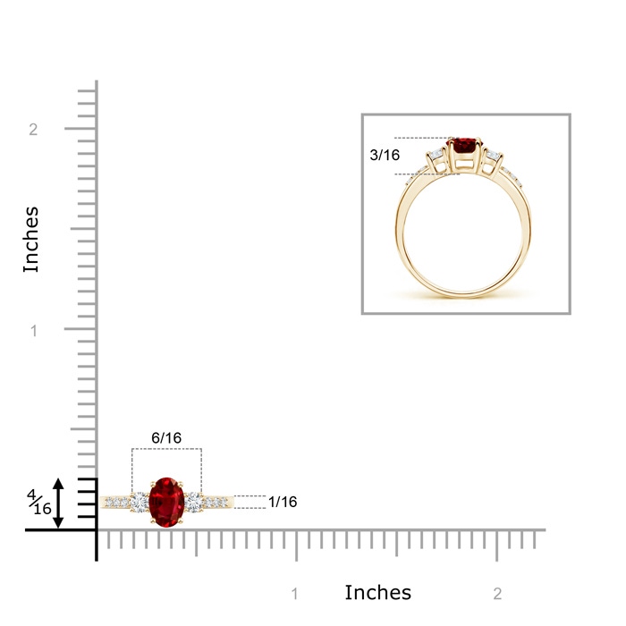 6x4mm AAAA Classic Oval Ruby and Round Diamond Three Stone Ring in Yellow Gold product image