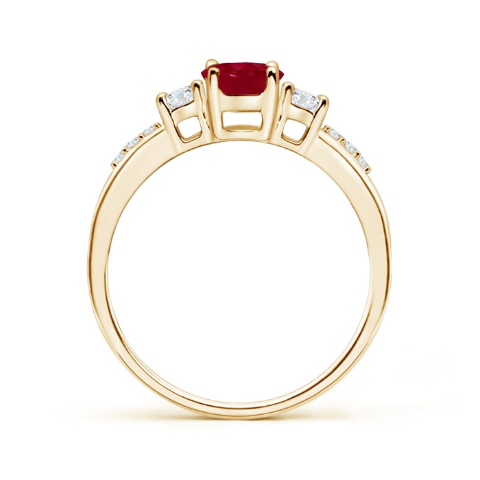 7x5mm AA Classic Oval Ruby and Round Diamond Three Stone Ring in Yellow Gold product image