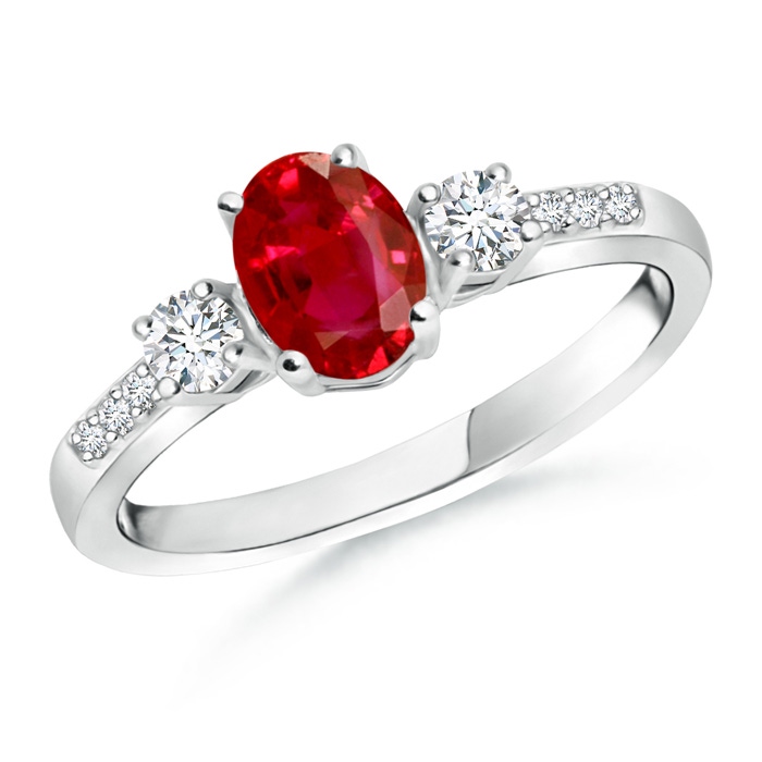 7x5mm AAA Classic Oval Ruby and Round Diamond Three Stone Ring in White Gold 