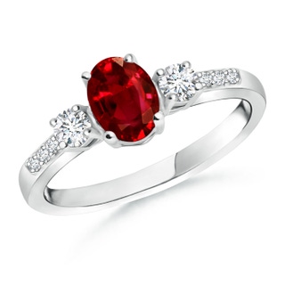 7x5mm AAAA Classic Oval Ruby and Round Diamond Three Stone Ring in White Gold