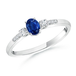 5x3mm AAA Classic Oval Blue Sapphire and Round Diamond Three Stone Ring in 9K White Gold